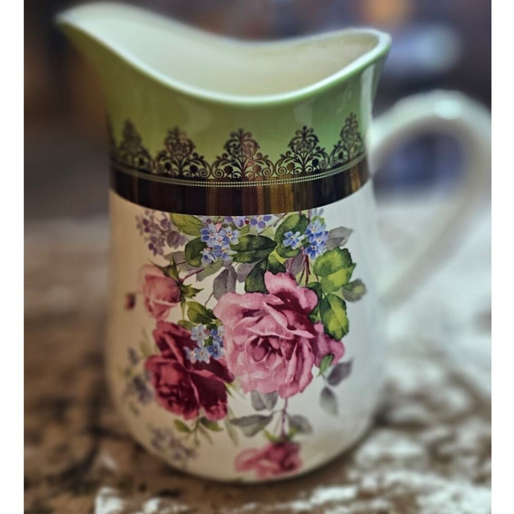 Hallmark ROSES PITCHER Pinks Green Gold Filigree Trim Shabby Chic Floral Cottage